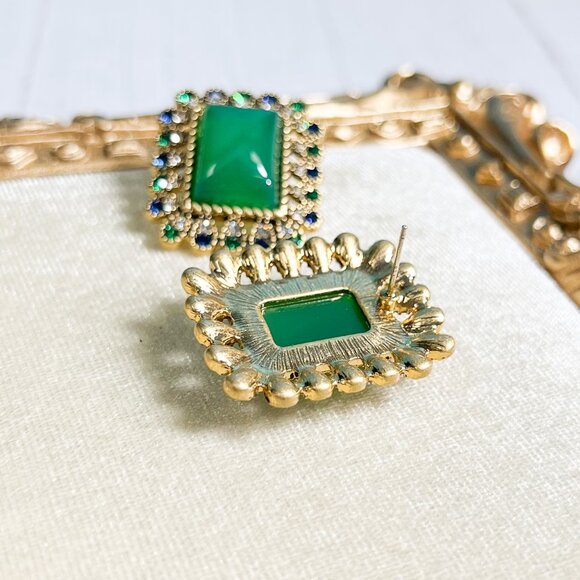 Vintage Jade Stud Earrings, Gold Stud Earrings, Wedding Jade Gemstone Retro - Picture 3 of 10